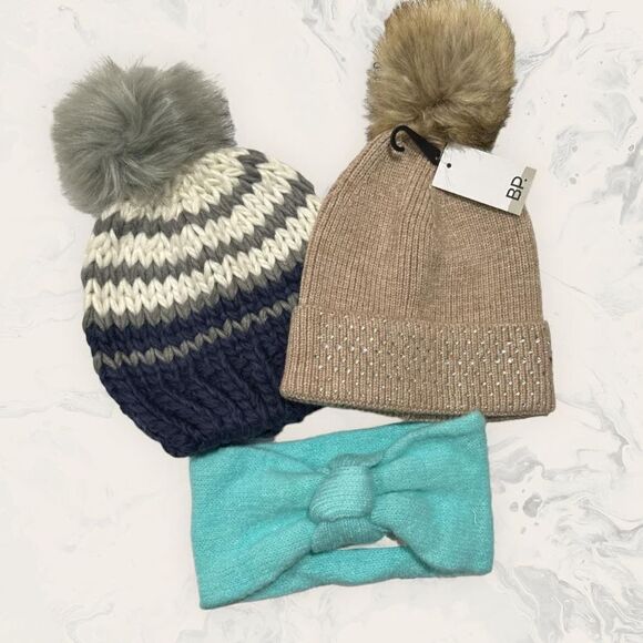 NWT Nordstrom BP. Bundle: Embellished Tan Knit Beanie, Multicolor Beanie and Gre - Picture 1 of 3